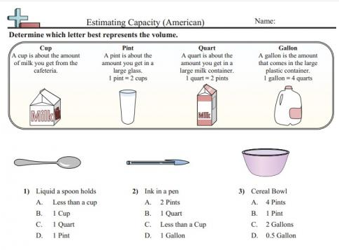 Estimating Capacity worksheet in American Units | Educational Resource